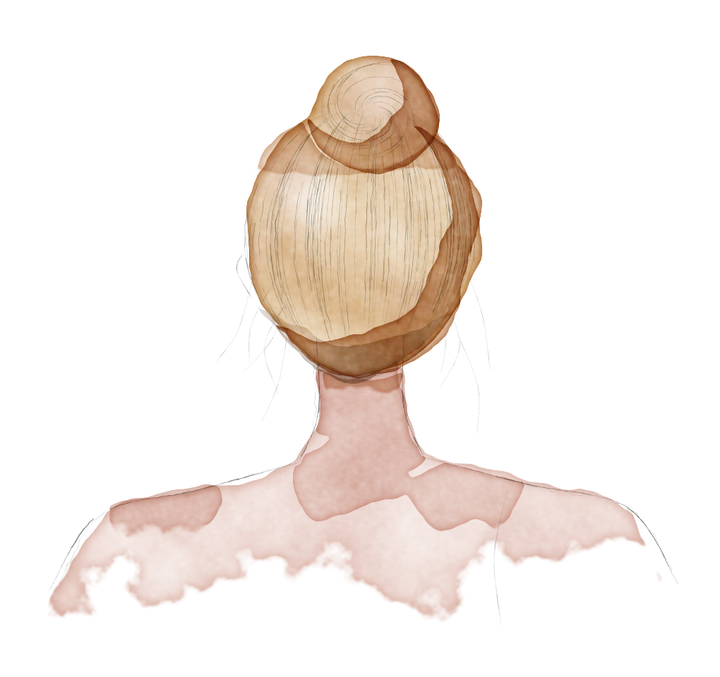 Acuarela de una persona de espaldas, con el pelo tomado en un moño